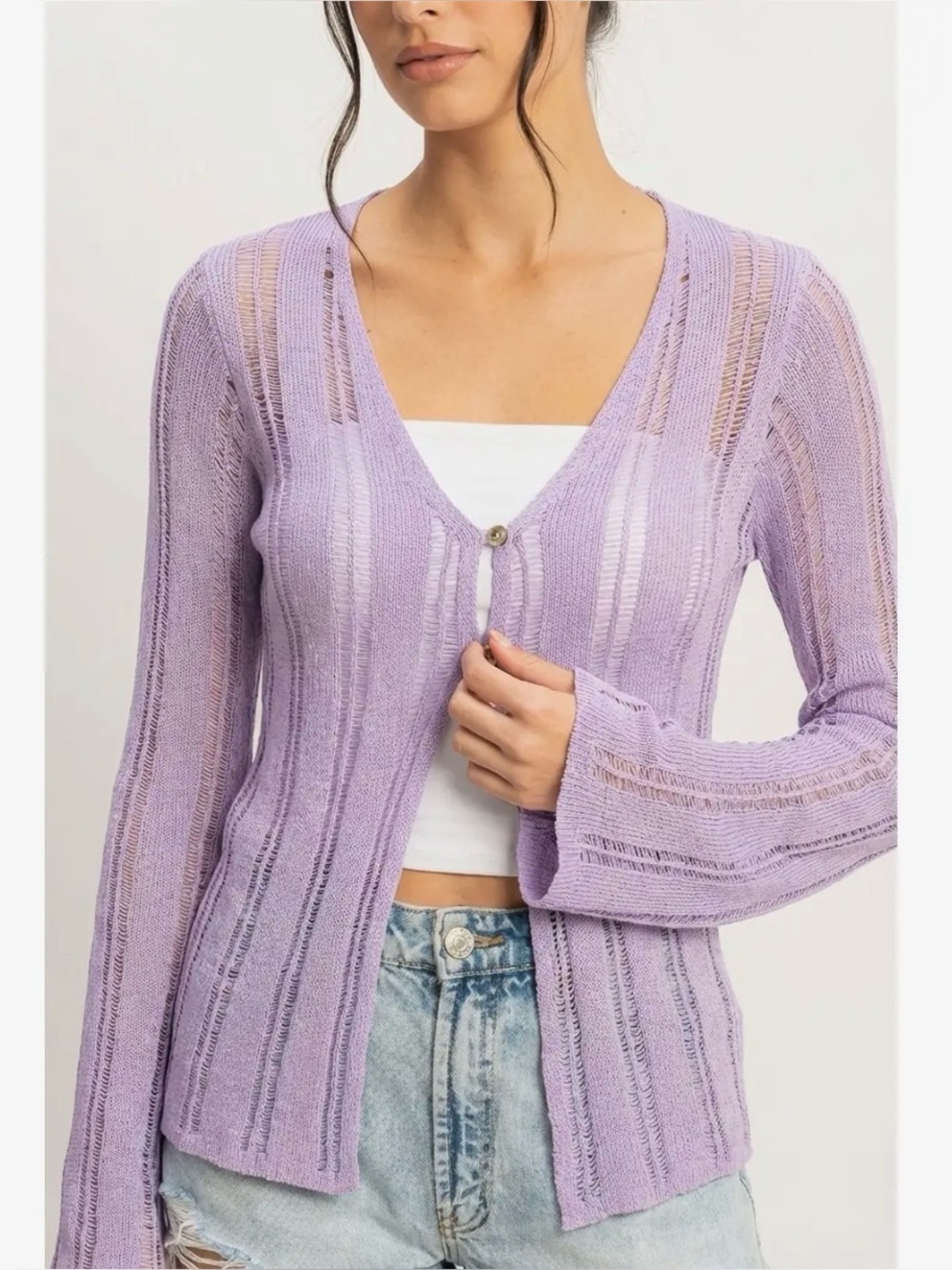 Lavender Open Knit Bell Sleeve Cardigan Boho Lightweight Sweater Various Sizes - Picture 2 of 8